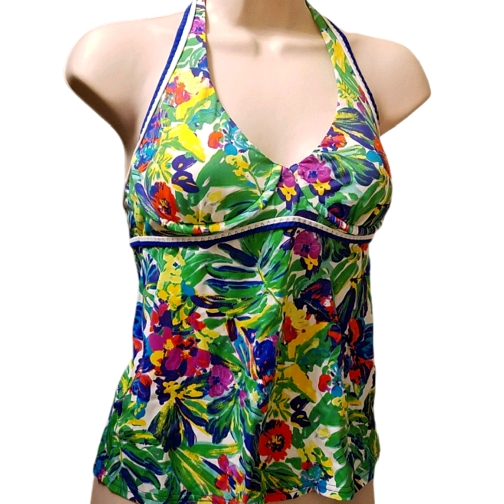 Land's End Women Tropical Floral Halter Neck Self-bra Swim Tankini Top Sz 4 NWOT